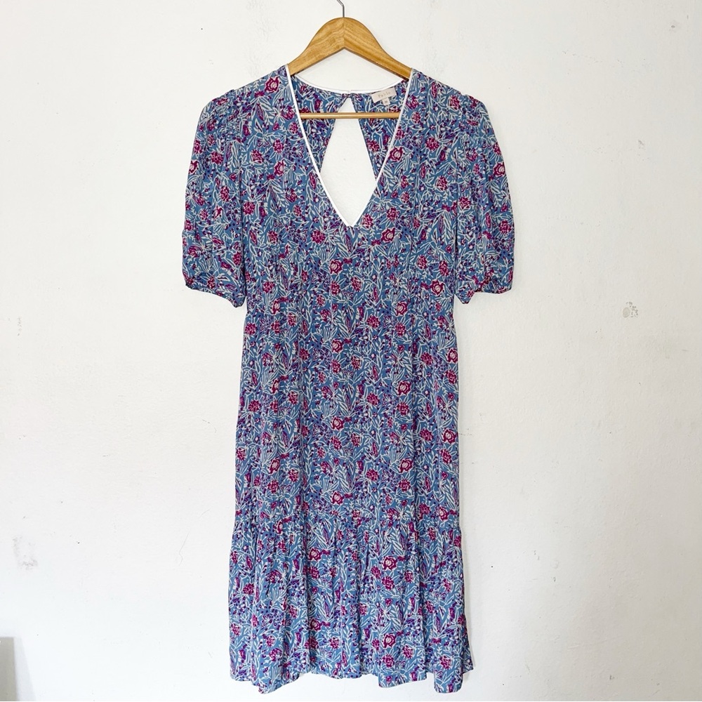 Pablo Paris Women 36 4 US Blue Pink Floral Print V Neck Dress Rayon Puff Sleeve